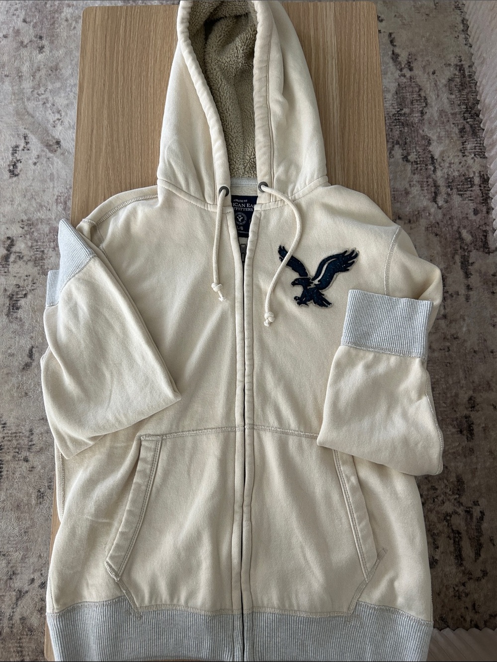 American Eagle Outfitters Cream Zip Front Sherpa-Lined Hoodie Jacket